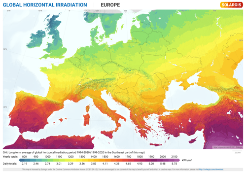 Map of Europe with long-term GHL levels outlined in colour code. The most southern parts like Spain and Portugal are red whilst France, Germany and Italy are more yellow and green.