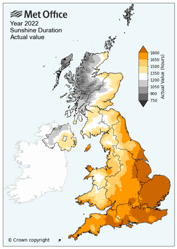 Map of the UK with colour scale of actual sunshine hours. Much of the East and South East England is orange or amber indicating more sunshine than the rest of the UK