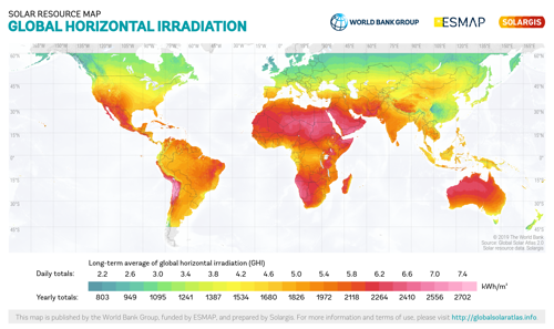 World Map with long-term GHL levels outlined in colour code. Africa, Australia and South America are mostly red and orange whilst Europe and Russia is green and yellow.