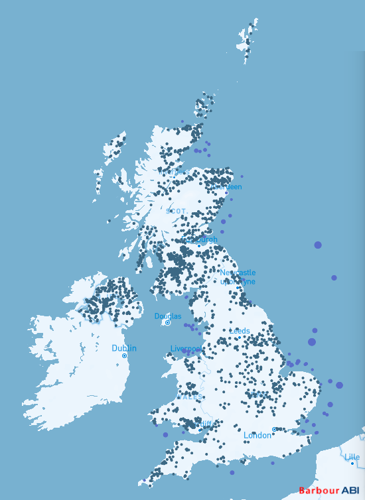 Map of UK with wind farm network outlined.