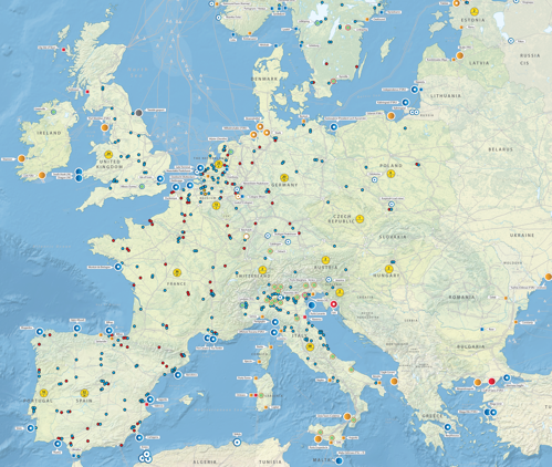 Top-down map of Europe and its natural gas network